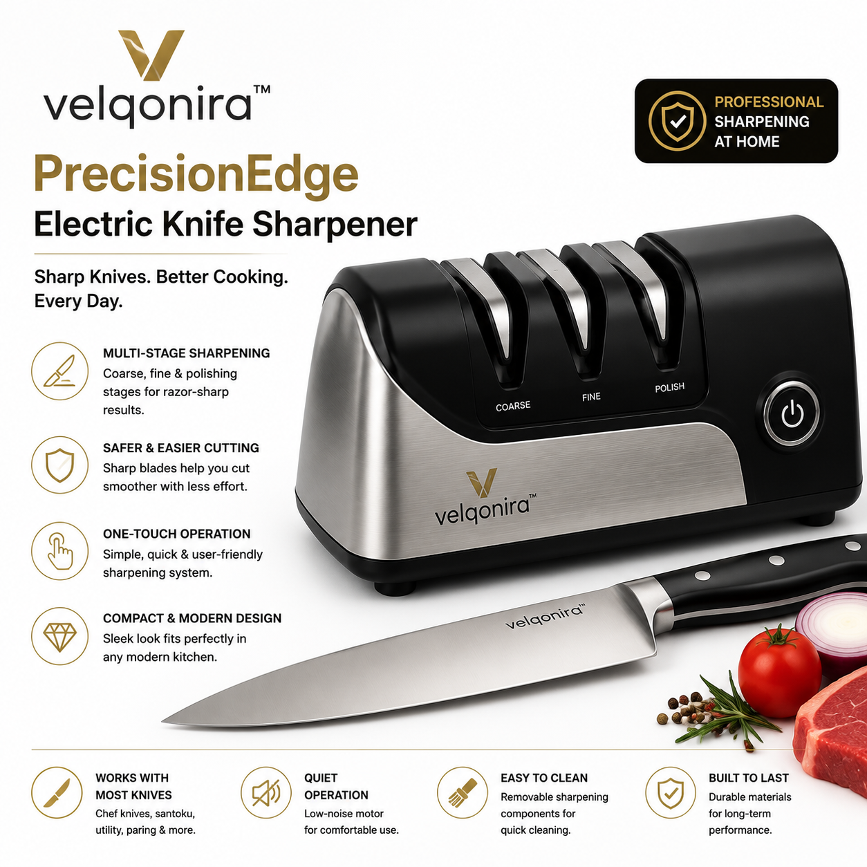 velqonira™ PrecisionEdge Electric Kitchen Knife Sharpener
