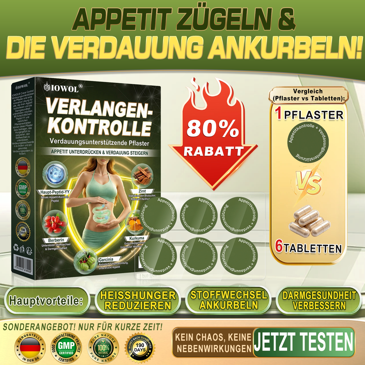 IOWOL ® APPETITKONTROLLPFLASTER! KEINE PILLEN & KEIN HUNGER & KEIN KAMPF & 100% ERGEBNISSE.