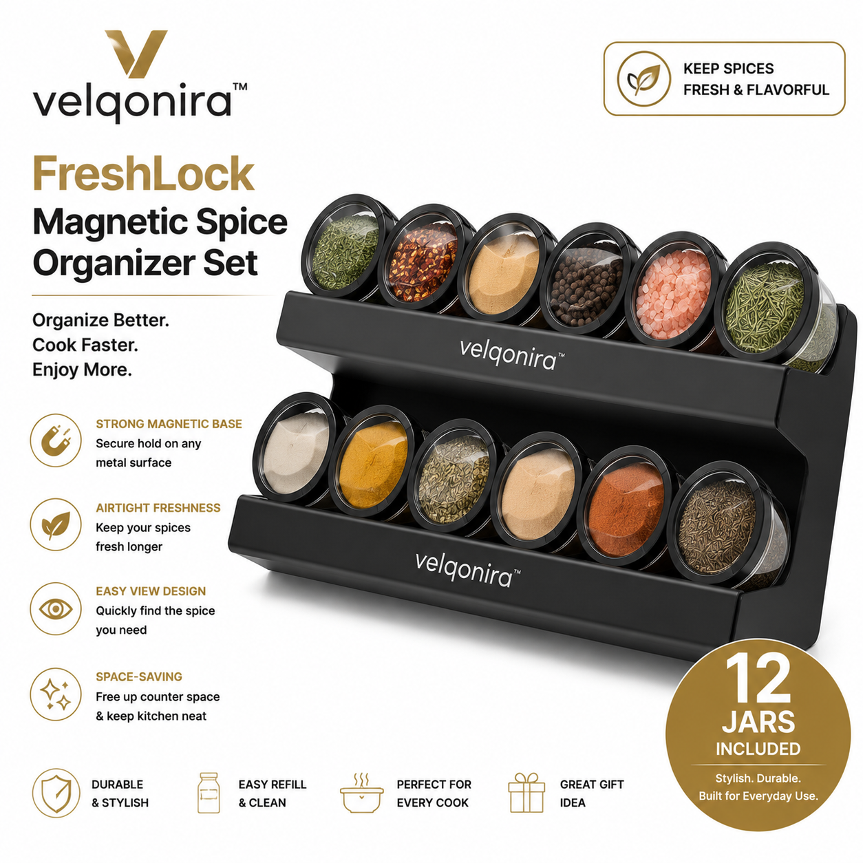 velqonira™ FreshLock Magnetic Spice Organizer Set