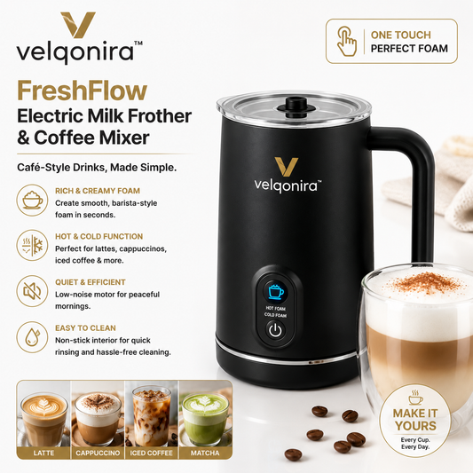 velqonira™ FreshFlow Electric Milk Frother & Coffee Mixer